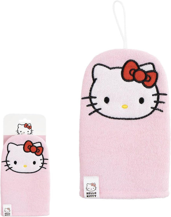 Gant de bain Hello Kitty rose avec visage du personnage sur le devant