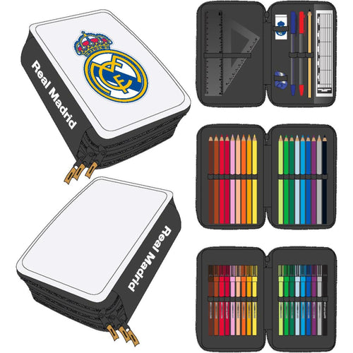 Trousse scolaire triple Real Madrid avec blason sur l’avant, polyester