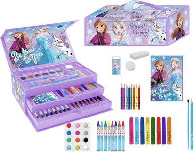 Trousse garnie La Reine des Neiges avec crayons de couleur, feutres et accessoires décorés Elsa, Anna et Olaf