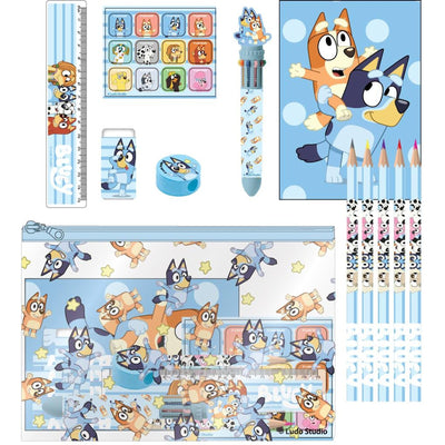 Trousse de papeterie scolaire Bluey bleue avec crayons, feutres et accessoires