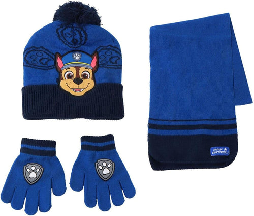 Ensemble bonnet, gants et écharpe Paw Patrol posé sur fond neutre