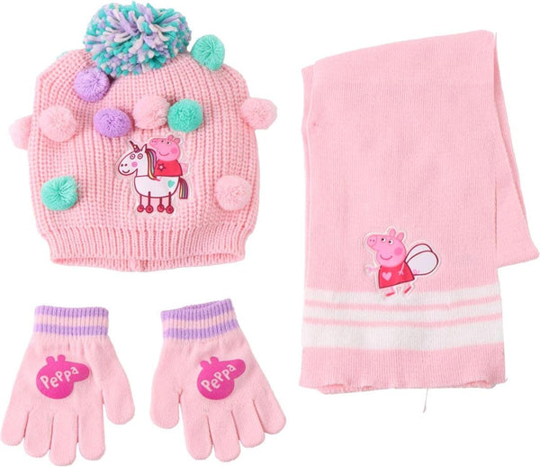 Set complet bonnet, gants et écharpe Peppa Pig coloré posé à plat