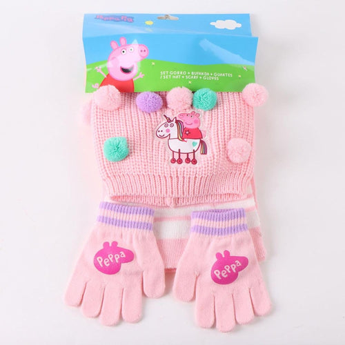 Présentation du lot bonnet, gants et écharpe Peppa Pig sous licence officielle
