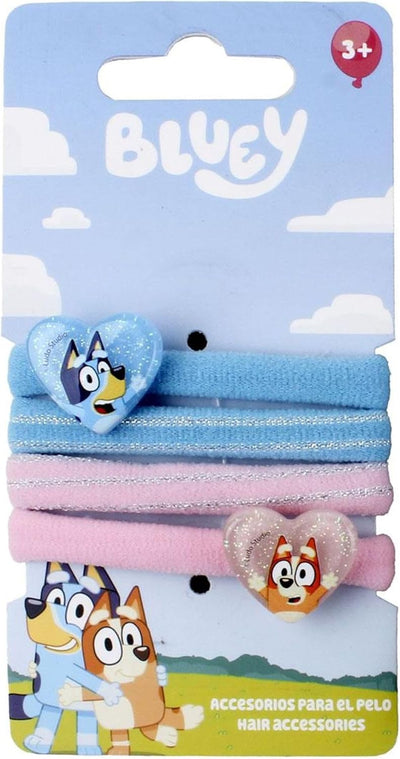 Lot de quatre élastiques à cheveux Bluey et Bingo avec cœurs pastel bleu, rose et argent