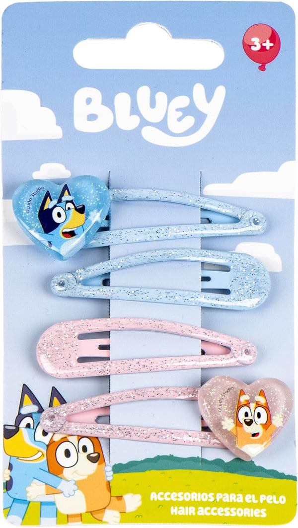 Set de quatre barrettes métalliques Bluey et Bingo à paillettes rose et bleu