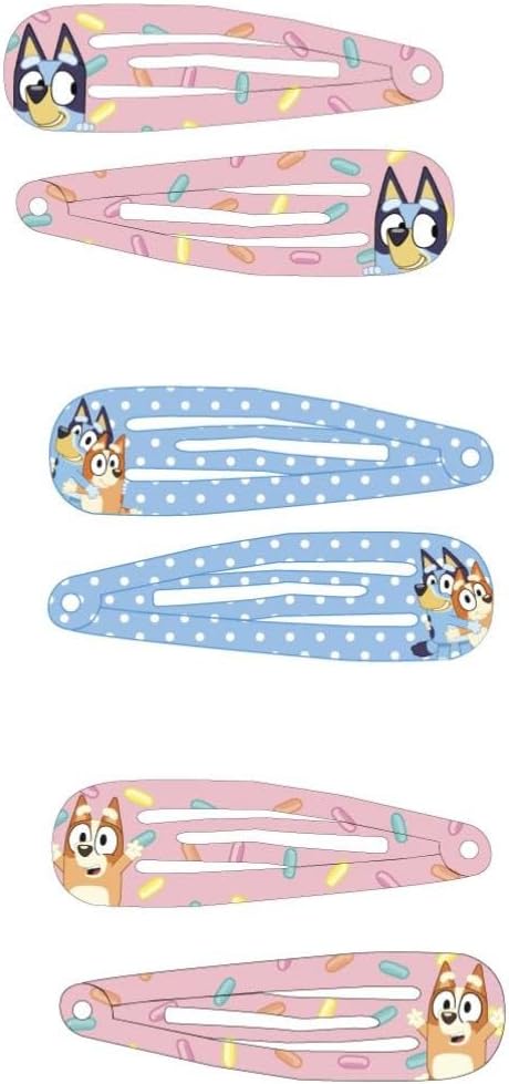 Lot de 6 épingles à cheveux Bluey multicolores alignées sur fond neutre