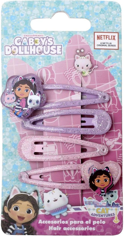 Set de quatre crochets à cheveux Gabby's Dollhouse pailletés avec personnages sur fond rose et violet