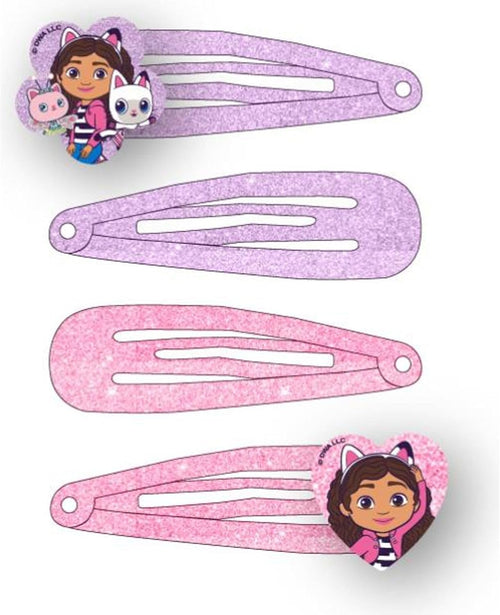 Gros plan sur une barrette Gabby's Dollhouse montrant le motif personnage et la finition pailletée
