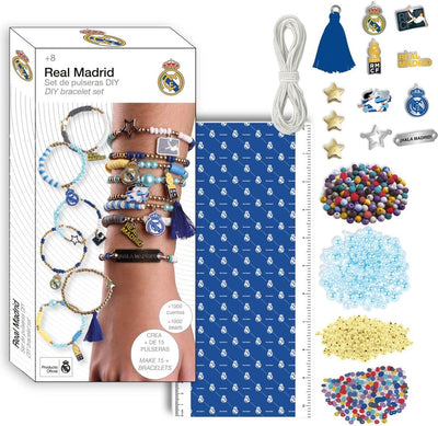 Coffret créatif Real Madrid avec perles colorées, écussons officiels et élastiques pour bracelets