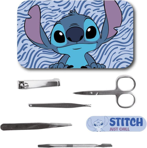 Kit de manucure Stitch Disney Just Chill ouvert avec étui métal et cinq accessoires