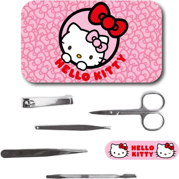 Trousse de manucure Hello Kitty en métal ouverte avec les cinq outils en acier inoxydable