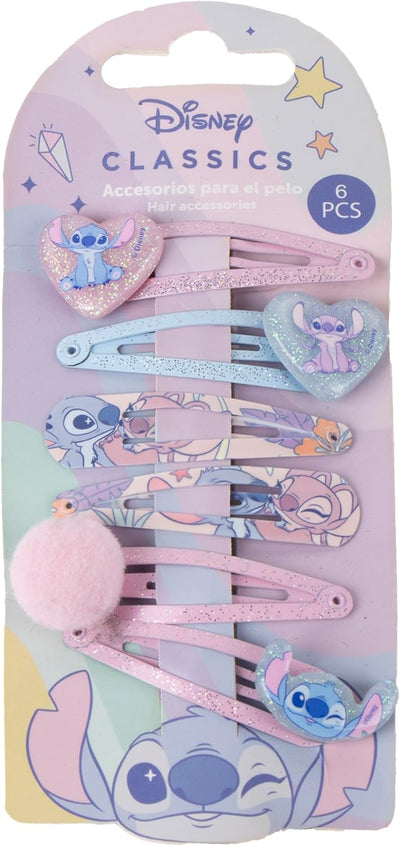Lot complet de six pinces à cheveux Stitch et Angel Disney en couleurs pastel avec paillettes