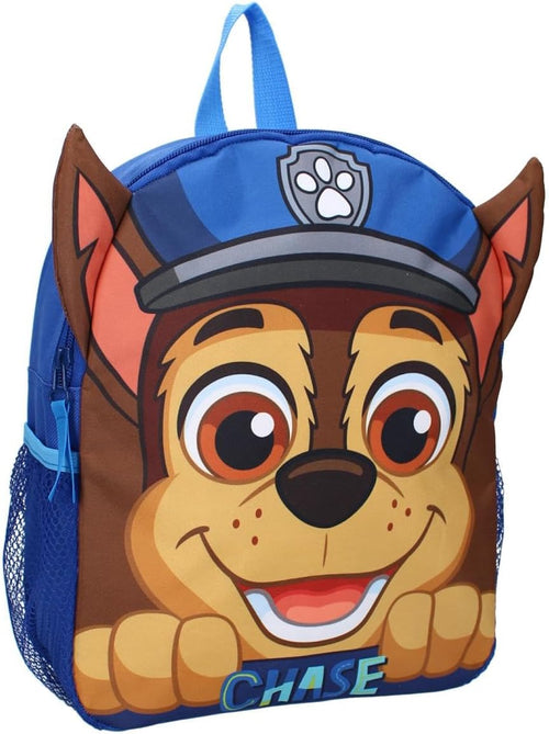 Gros plan sur le motif Chase Paw Patrol et les détails colorés du sac à dos