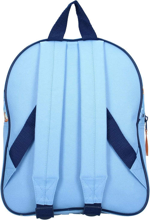 Détail des fermetures éclair et de la poche avant du sac à dos Bluey