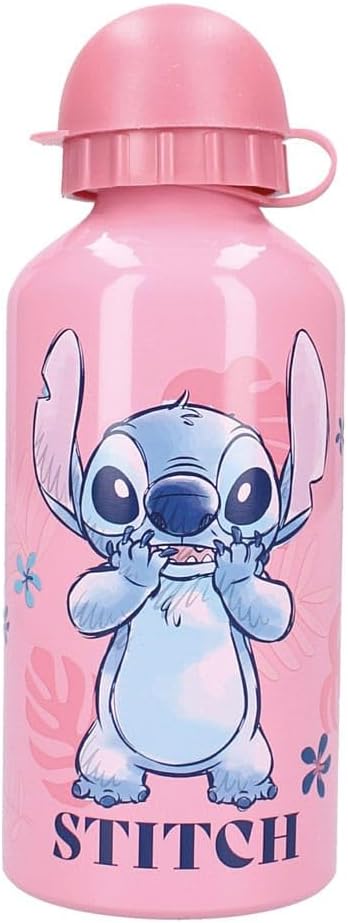 Gourde rose Stitch Let's Eat 500 ml en aluminium posée debout sur fond neutre