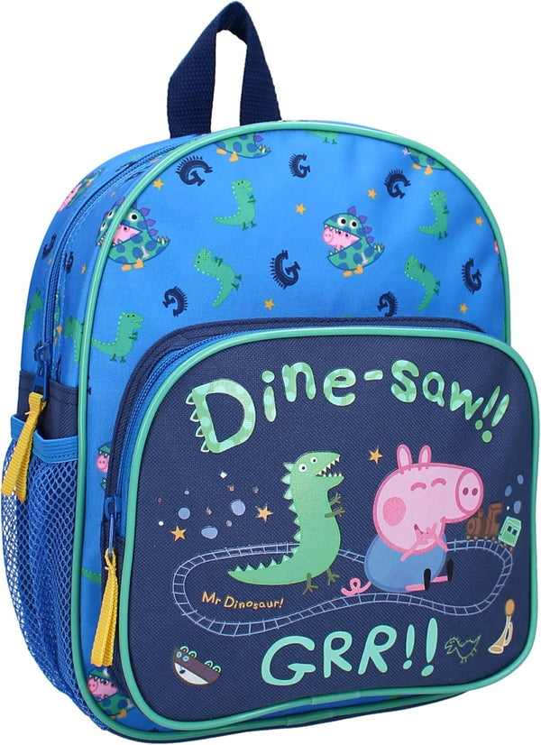 Sac à dos enfant bleu Peppa Pig avec George en dinosaure et dinos verts sur le devant
