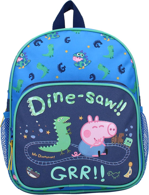 Gros plan sur la poche avant du sac montrant George avec un grand dinosaure vert