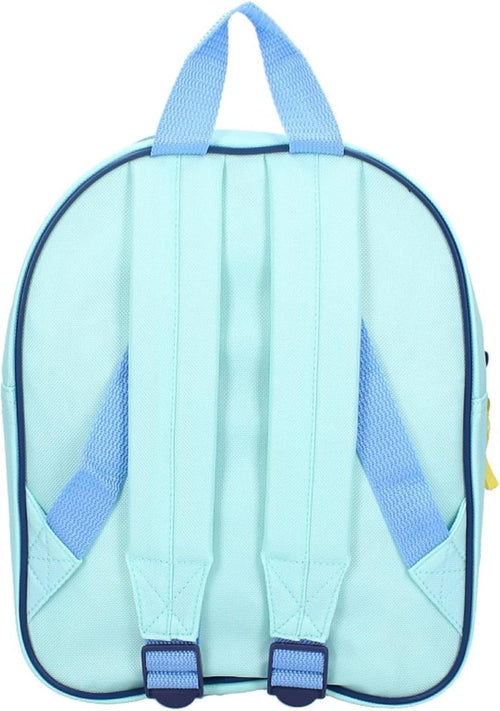 Détail du motif Bluey et ses amis sur le devant du sac à dos coloré