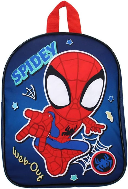 Détail du motif Spidey Web-Out et des couleurs bleues contrastées du sac à dos