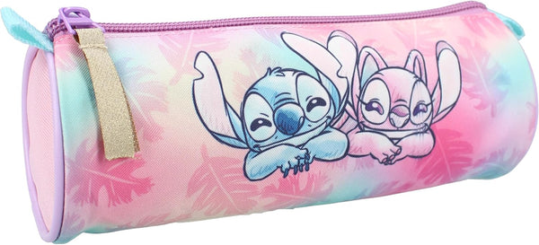 Trousse scolaire Stitch Wild Energy rose bonbon posée de face avec motif visible