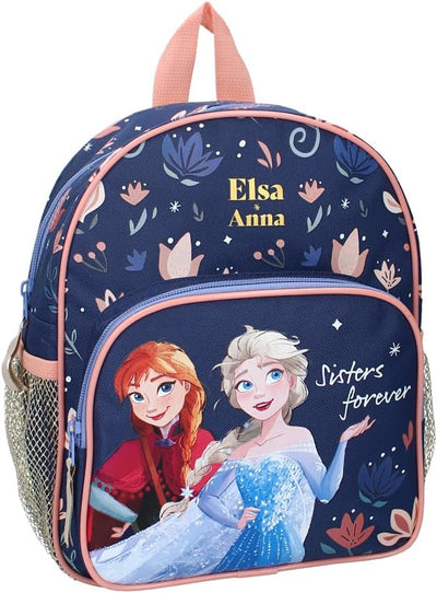 Sac à dos enfant La Reine des Neiges 2 bleu et rose avec Anna et Elsa enlacées sur le devant