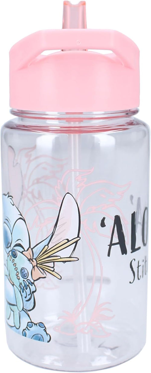 Détail du couvercle de la gourde Stitch avec paille intégrée et poignée de transport rose