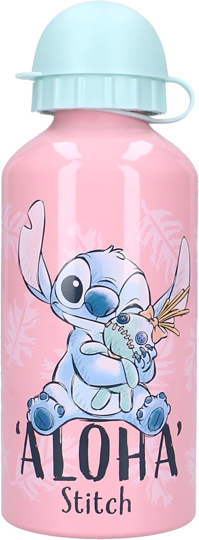 Gourde enfant rose en aluminium avec grand motif Stitch et bouchon assorti