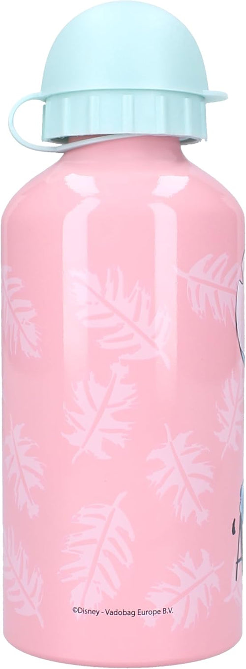 Gourde Stitch rose posée debout, prête à être glissée dans un cartable