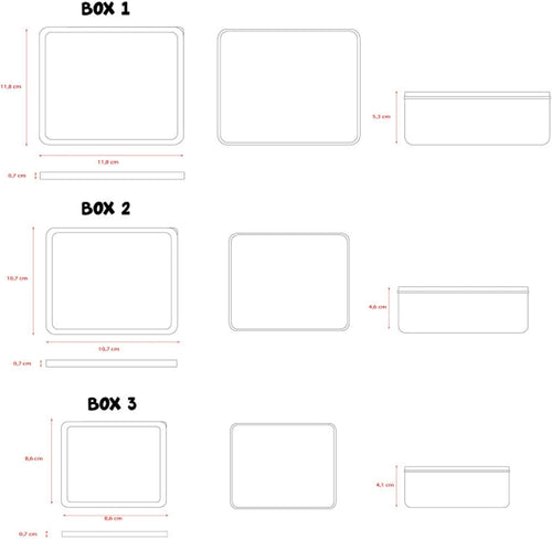 Empilement des trois boîtes à goûter Spider-Man montrant les différents formats