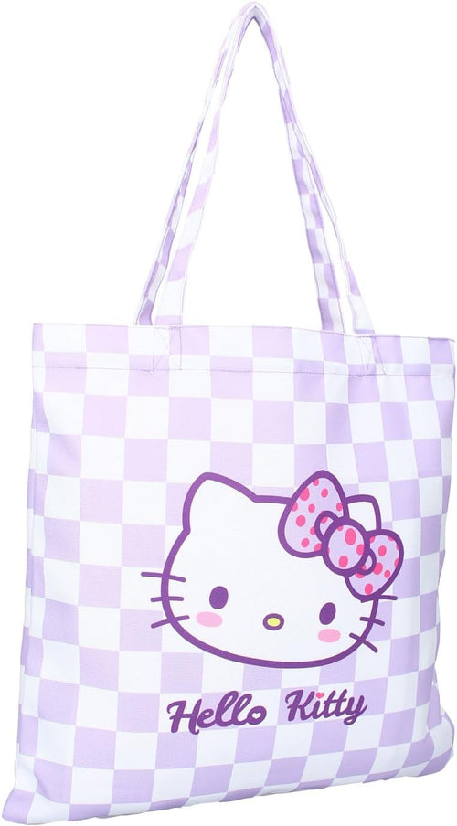 Sac cabas Hello Kitty violet à carreaux blancs et violets avec grand motif frontal