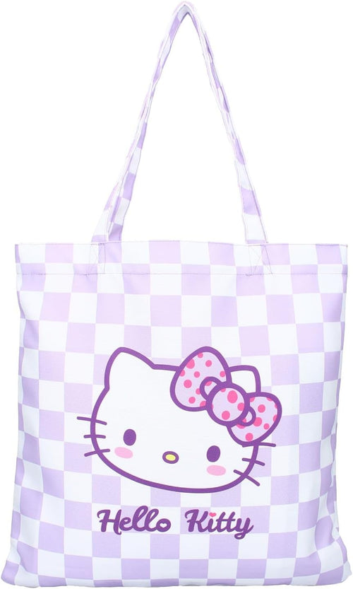 Détail du personnage Hello Kitty sur fond violet à petits carrés contrastés