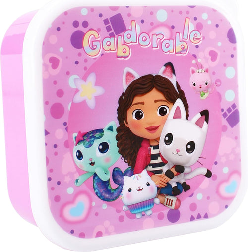 Vue de profil des boîtes à goûter Gabby's Dollhouse montrant l’épaisseur et les couvercles à clip