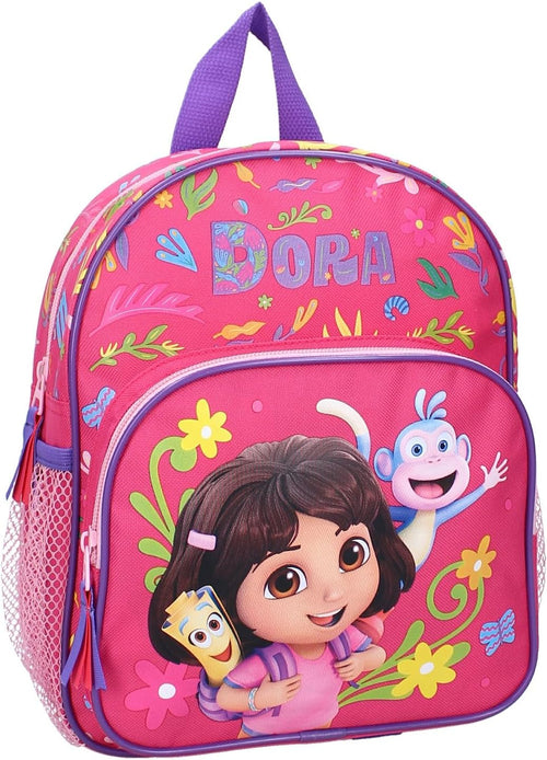 Sac à dos enfant rouge avec grand motif Dora l’Exploratrice et ses amis sur la poche avant