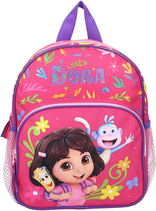 Détail du motif coloré Dora l’Exploratrice avec ses amis sur le panneau frontal du sac