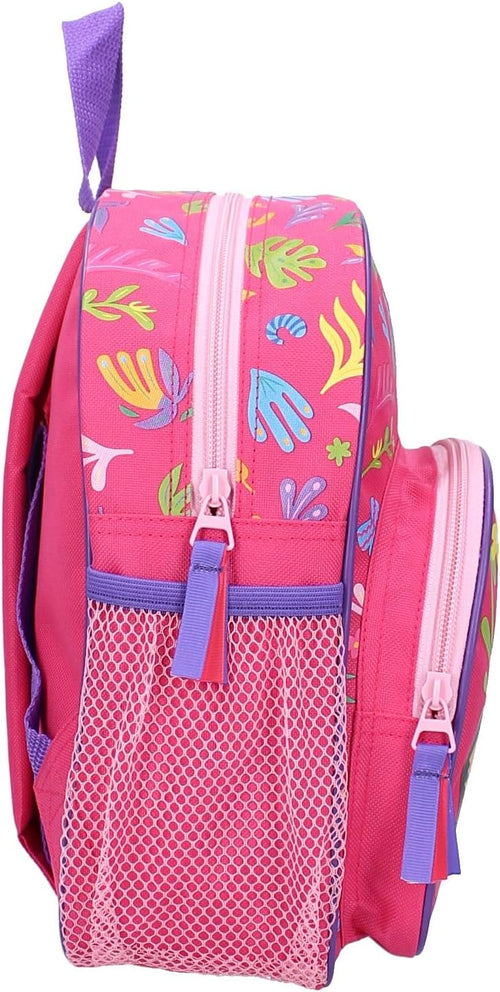 Vue de profil du sac à dos Dora montrant l’épaisseur et la poche frontale zippée