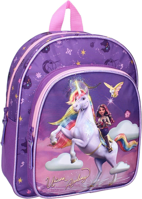 Sac à dos Unicorn Academy violet avec Sophia et Wildstar vu de face