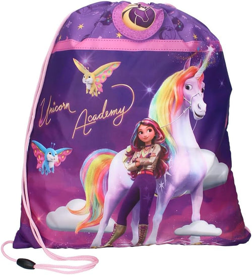 Gros plan sur l’illustration de Sophia et Waltstar et les détails colorés du sac de sport