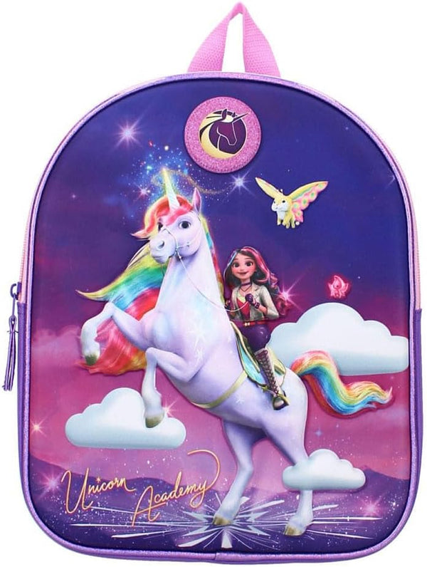 Sac à dos enfant Unicorn Academy 3D avec grande licorne en relief sur le devant