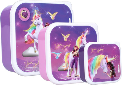 Lot de trois boîtes à goûter Unicorn Academy emboîtées avec motifs de Sophia et Wildstar