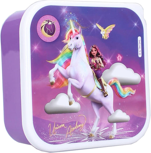 Boîte à goûter Unicorn Academy ouverte montrant l’espace pour les collations
