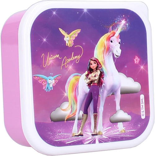 Détail du couvercle Unicorn Academy avec illustration colorée de Sophia et sa licorne