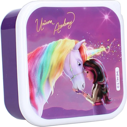 Vue des trois tailles de boîtes à goûter Unicorn Academy alignées côte à côte