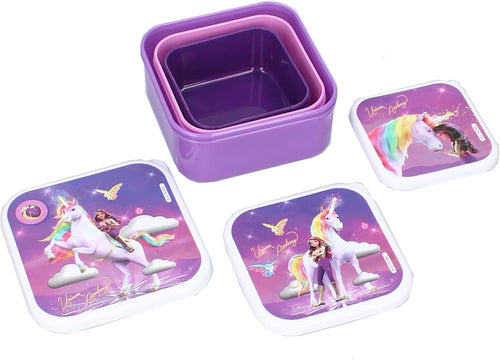 Boîtes à goûter Unicorn Academy empilées prêtes à être rangées dans un cartable