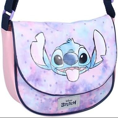 Sac à bandoulière Stitch Morning Bliss rose et violet avec grand motif scintillant sur le devant