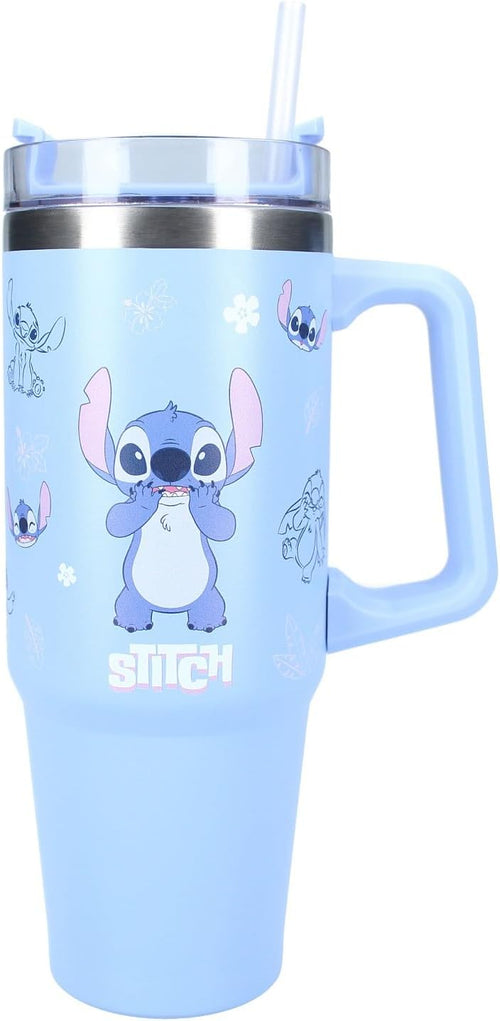 Détail du motif Stitch coloré sur la bouteille pour enfant