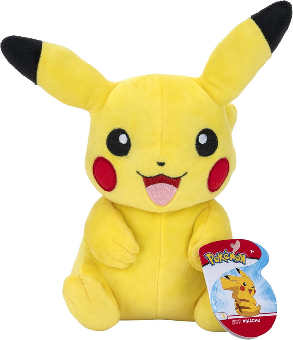 Peluche Pikachu Pokémon 20 cm debout, jaune vif, posée sur une surface neutre