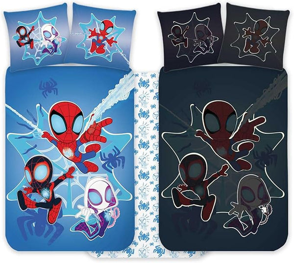 Vue du revers réversible de la housse de couette Spidey avec motif graphique discret