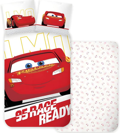 Parure de lit Disney Cars déployée sur un lit simple avec Lightning McQueen et Cruz