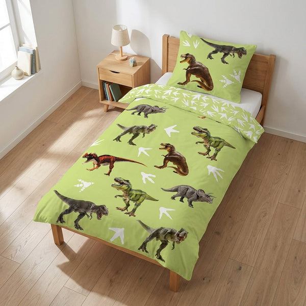 Parure de lit Dinosaures réversible 100x135 + taie 40x60 cm – Vert coton
