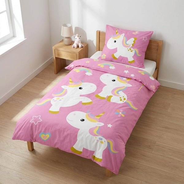 Parure de lit Licorne réversible 100x135 + taie 40x60 cm – Rose coton